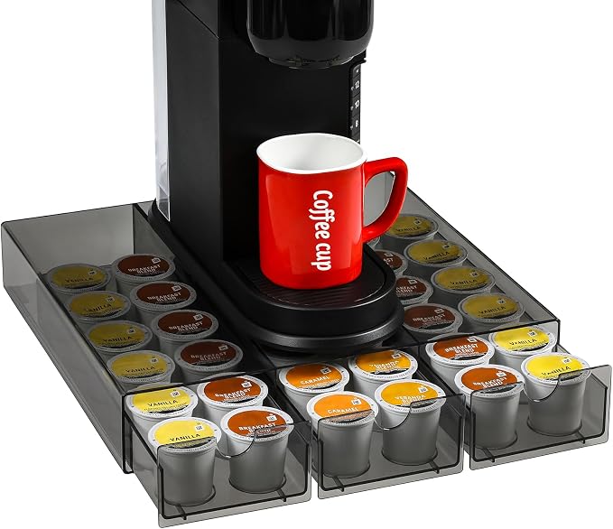 Sturdy Acrylic Coffee Pod Holder Organizer for K Cup, Under Brewer Sliding Drawer for K-cup, 36 Pods Storage for Kpods - Coffee Accessories for Keurig/Other Coffee Maker on Counter, Clear Black
