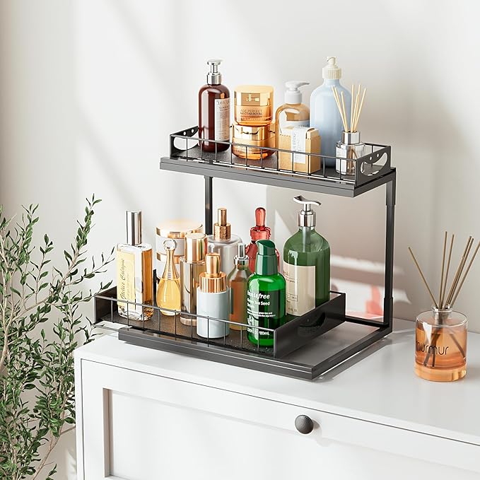 JAQ Under Kitchen Sink Organizer, 2 Tier Metal Slide Out Under Cabinet Storage Shelves Rack for Kitchen Bathroom Pantry Lanudry, Attractive emoji Smile Handle (Black, 1 Pack)