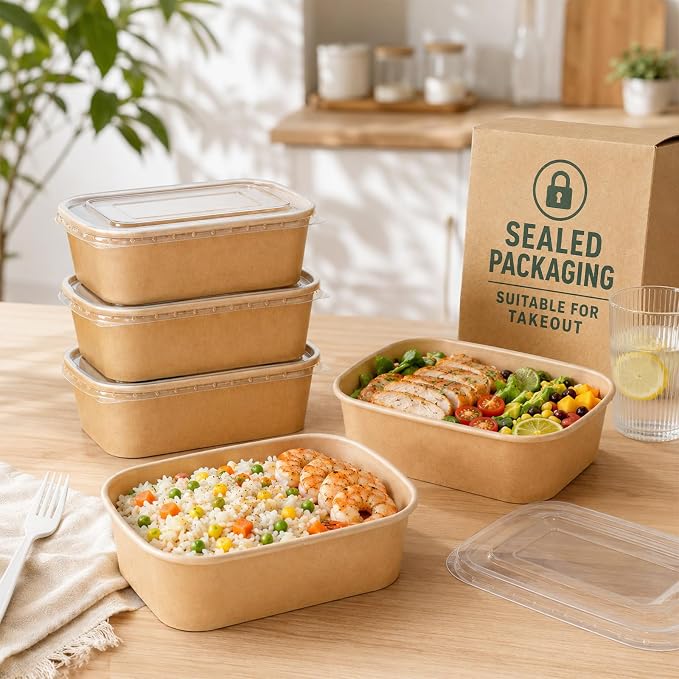 Holotap 50 Pack 33 OZ Disposable Kraft Paper Bowls with Lids【with Spoons and Forks】,Disposable Food Containers, Microwave Safe for Hot Soup, Disposable Meal Prep Containers for Restaurant Supplies