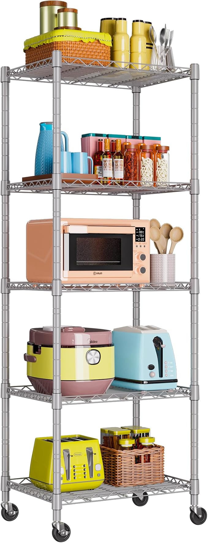 REGILLER 5-Wire Shelving Metal Storage Rack Adjustable Shelves,Standing Storage Shelf Units for Laundry Bathroom Kitchen Pantry Closet(Silver,11.8" D x 16.6" W x 53.5" H,With Wheels)