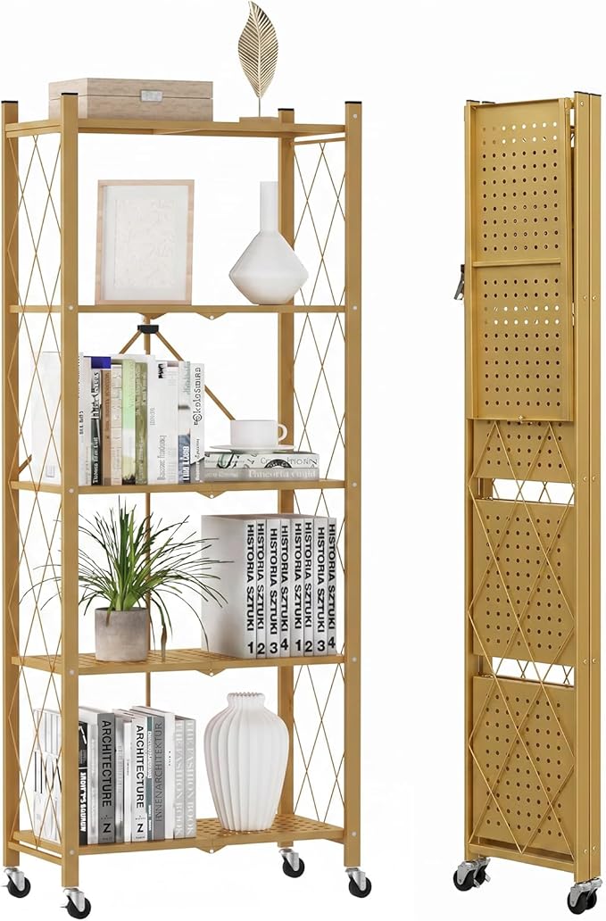 DEANIC 5-Shelf Folding Bookcase with Wheels, Rolling Bookshelf Heavy Duty Storage Shelves, Freestanding Metal Wire Shelving Unit for Living Room, Office, Kitchen, Basement, Pantry (Gold)