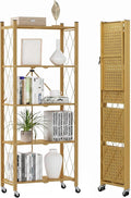 DEANIC 5-Shelf Folding Bookcase with Wheels, Rolling Bookshelf Heavy Duty Storage Shelves, Freestanding Metal Wire Shelving Unit for Living Room, Office, Kitchen, Basement, Pantry (Gold)