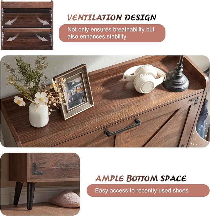Barnyatoh Shoe Storage Cabinet with 2 Flip Drawers, Farmhouse Hidden Shoe Organizer, Narrow Slim Shoe Rack Cabinet for Entryway Hallway,Walnut