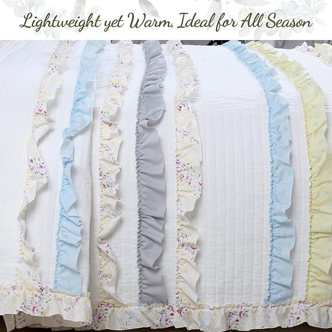 Cozy Line Home Fashions Light Yellow Blue Ruffle Stripe Floral 100% Cotton Reversible Girl Quilt Bedding Set, Reversible Coverlet Bedspread for All Season (California Dreaming, Twin-2 Piece)