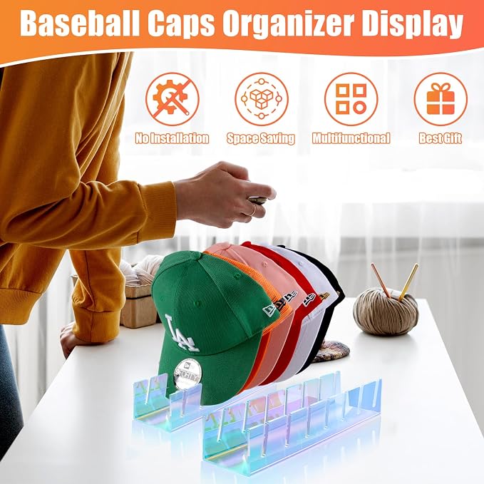 Hat Organizer for Baseball Caps Hat Rack Acrylic Hat Stand 2Pack No Install | Hat Storage for 14 Baseball Caps Closet Organization Hat Holder Display Baseball Cap Organizer for Closet, Bedroom, Dresser