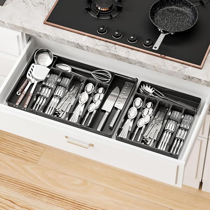 Yieach Black Expandable Silverware Drawer Organizer - Adjust From 11'' to 22'' - Knife,Cutlery,Spoons and Forks Organizer,Large 8 Grid Flatware,Silverware Tray,Utensil Organizer for Kitchen Drawers