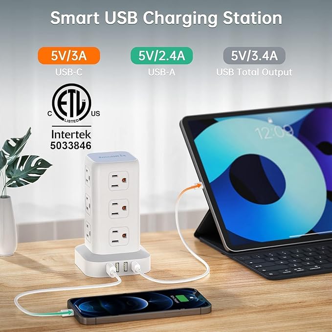 Power Strip with 12 Outlets 4 USB (1 USB C), 16.5Feet Extension Cord with Multiple Outlets, Charging Station, Power Strip Tower, Home Office Desk Supplies