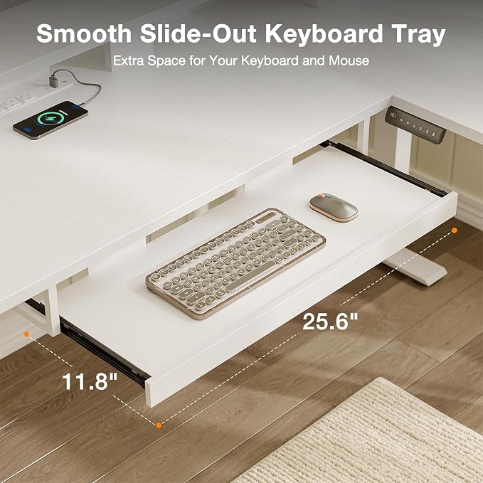 Casaottima 59" L Shaped Electric Standing Desk with Drawers, White | Monitor Stand, Keyboard Tray, Fabric Drawer, Power Outlets, Height Adjustable Corner Stand Up Desk for Organized Home Office