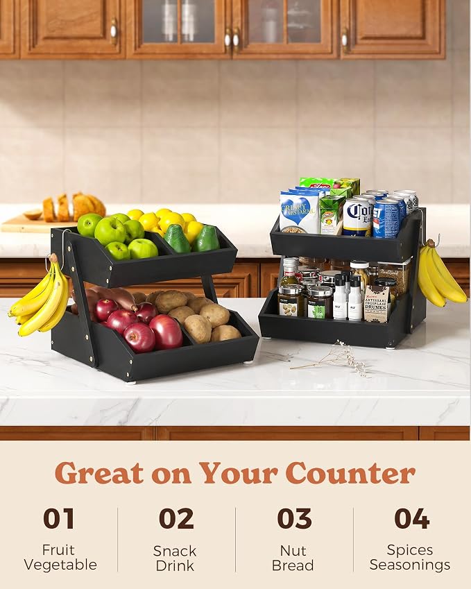 Sevenblue 2-Tier Bamboo Fruit Basket with 2 Banana Holders Black | Large tiered organizer for bread, snacks, veggies. Sturdy bamboo, includes mats & dividers. Easy to assemble.