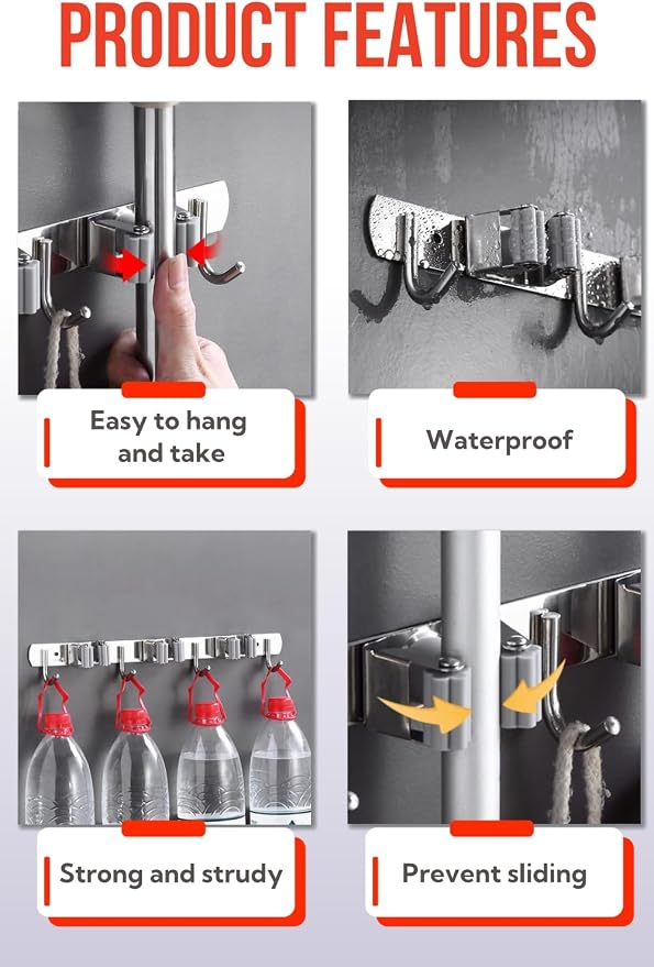 Mop and Broom Holder Wall Mount, Upgraded Broom Hanger Wall Mount, Stainless Steel Broom Organizer for Closet Garage Laundry Room Kitchen Wall Decor(3Racks 4Hooks Silver)