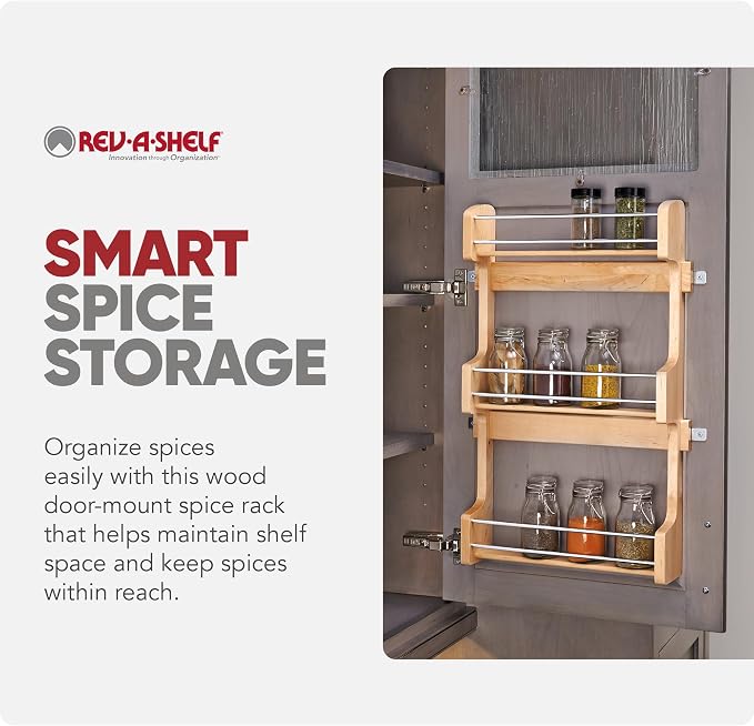 Rev-A-Shelf 18" 3 Tiered Pull Out Shelf Organizer for Kitchen Cabinets, Pantry Storage Spice Seasoning Rack, Door/Wall Mounted, Maple Wood, 4SR-18