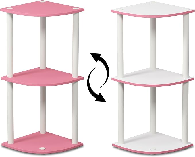 Furinno Turn-N-Tube Toolless Assembly 3-Tier Corner Shelf, Pink Corner Book Shelf, Open Shelves Bookshelf, for Organization and Storage, Living Room, Home Office, Bedroom, Soft Pink