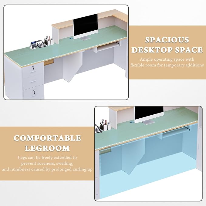 Ceridwen L-Shaped Large Wooden Reception Desk, Modern Front Desk Reception Counter with Lockable Drawers, Storage & Keyboard Tray for Office Lobby Checkout (Right-Oak & White, 71''L x 34''W x 41''H)