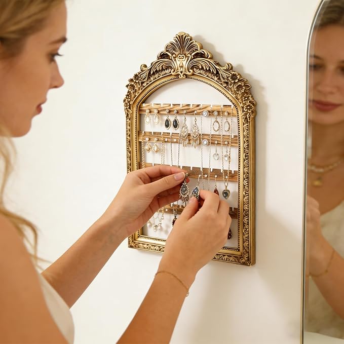 Large Hanging Earring Jewelry Organizers, 13 x 9.3 Inch 4 Layer Vintage Gold Arched Frame, Wall Mounted Jewelry Holder, Decorative Earring Organizer Display for Stud Earring Bracelet Necklace Ring