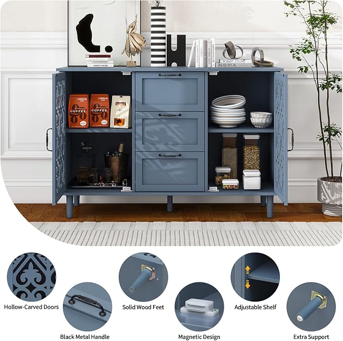 vistavie Sideboard Buffet Cabinet with Storage - American Furniture Cabinet, Accent Storage Console Table with Carved Pattern, Farmhouse Wood Credenza for Study Room, Entryway, Dining Room, Kitchen