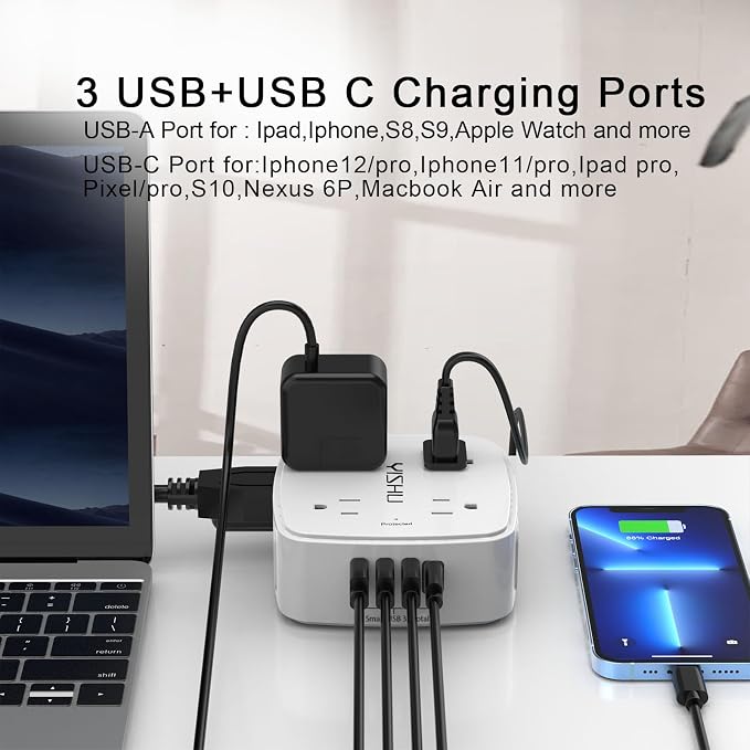 20 Ft Surge Protector Power Strip - 8 Widely Outlets with 4 USB Ports, 3 Side Outlet Extender with 20 Feet Extension Cord, Flat Plug, Wall Mount, Desk USB Charging Station, ETL, White