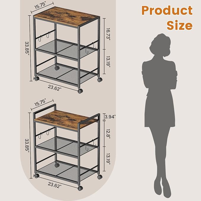 3-Tier Microwave Stand, Kitchen Microwave Cart with Adjustable Shelf | Rolling Kitchen Storage Cart on Lockable Wheels, Coffee Cart Shelf Rack Organizer for Kitchen, Living Room, Rustic Brown