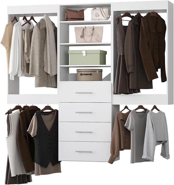 Modular Closet System, 66" Wide Closet Organizer System with Hanging and Drawers, Wood Tower Closet Storage for Walk In Closets, Wall Mounted Wardrobe Organizer Kit System, Bedroom, White