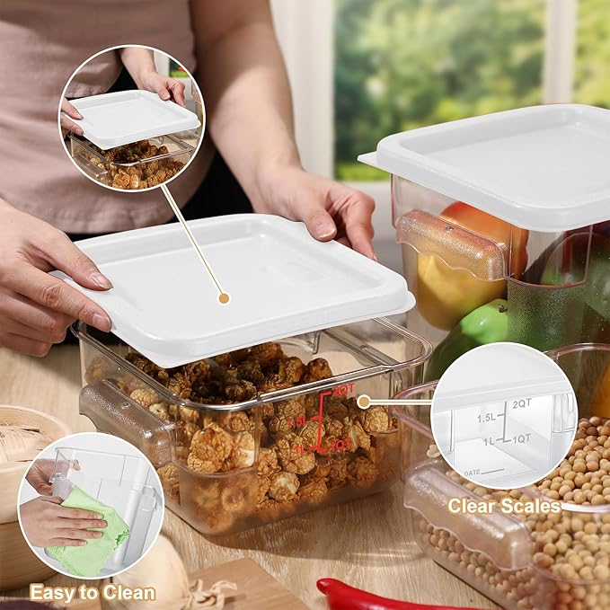 Barydat 4 Pcs Square Food Storage Containers with Lids Measurement Scales, 2qt & 4qt Clear Plastic Stackable Containers for Dough Proofing Baking Kitchen Restaurant and Pantry Organization(White)