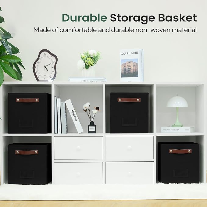 FinishingBo 10.5" x 11" Storage Bins with Labels 6 Pack | PU Leather Handles, Foldable Storage Cubes, Storage Baskets, Closet Storage, Black