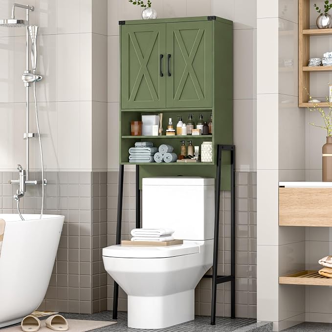Vabches Over The Toilet Storage Cabinet, Farmhouse Over Toilet Storage Cabinet, Metal Frame with 2 Barn Doors, Home Space-Saving Toilet Rack for Bathroom, Toilet, Laundry Room.Green