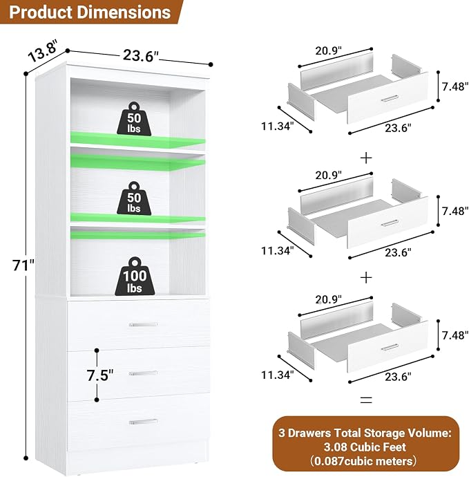 Aheaplus 23.6" Closet Drawers System, Wood Closet Organizer System with 3 Drawers, Modular Small Walk-in Closets Storage Unit, White (23.6" L x 13.8" W x 71" H)