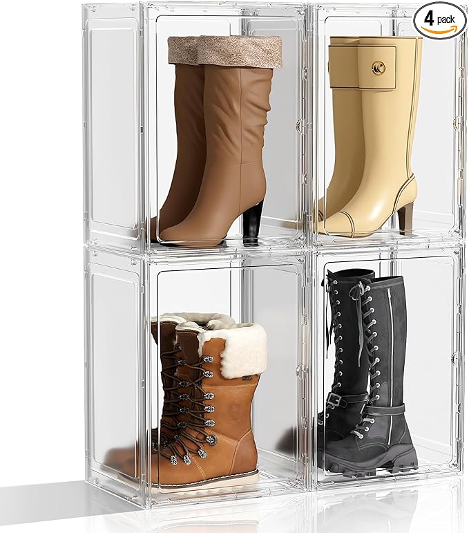 Boot Storage Organizer Tall Boot Shoe Storage Box for Closet 4 Pack Super Large Plastic Boots Container for Storage, Stackable Display Case for Collectibles, Backpack, Helmet, White