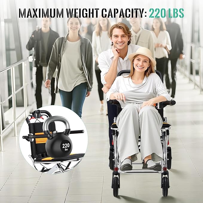 Ultra-Lightweight 19lbs Foldable Transport Wheelchair for Seniors - Portable Aluminum Travel Wheelchair with Carrying Bag, Supports 220lbs Capacity