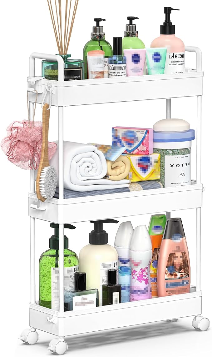 SOLEJAZZ Slim Rolling Storage Cart Skinny Bathroom Organizer, 3 Tier, White | Thin utility cart with wheels for bathroom, laundry room, bedside, kitchen, dorm, office, next to fridge, small narrow places