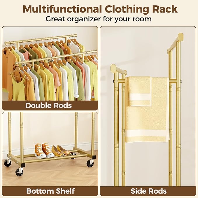 HYSEYY Double Rods Clothes Rack, Sturdy Rolling Clothing Rack, Portable Clothing Racks for Hanging Clothes - Metal Garment Rack Wardrobe Coat Rack for Bedroom Laundry Living Room, Light Gold