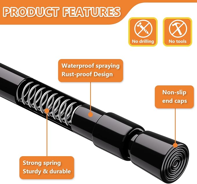 KXLife 2 Pcs Spring Tension Curtain Rod Adjustable 28 to 40 Inches, Black | 5/8" Diameter, Expandable Spring Loaded, No Drilling, No-Slip End Caps, for Windows, Kitchen, Doors