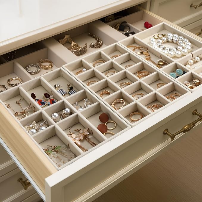 Highergo 8 Pcs Velvet Jewelry Trays Stackable Drawers Organizer Ring Earring Bracelet Necklace Storage Trays, 8.3x4.7x1''(15 Grids)