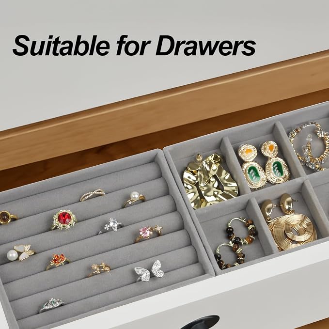 Fordonral Velvet Jewelry Organizer Box, Jewelry Drawer Organizers Trays, Earring Ring Necklace Holder Display Case (Gray, Ring+6 Grid Trays)