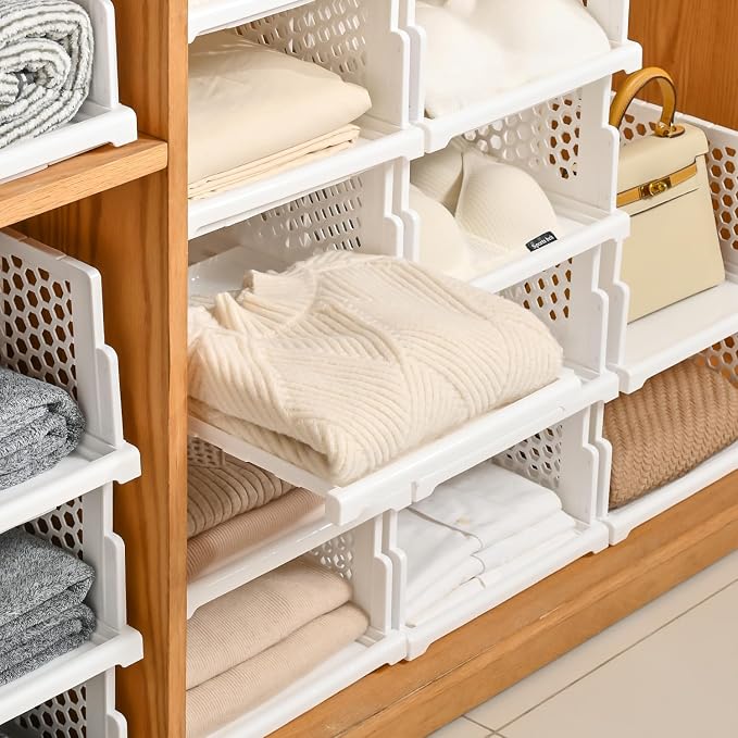 Pull-out Plastic Storage Basket,Stackable Closet Organizers Drawer Anti-Tipping, Reinforced Stable Shelf Container for Bathroom Laundry Room Storage, Space-Saving Clothes Storage (white, Large-5pcs)