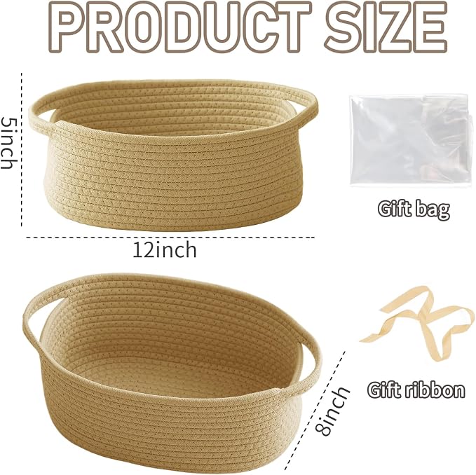 JMvicyroam Woven Basket,Small Rope Storage Bin with Handles & Ribbon Bag, Organizer for Shelves Closets,Gift Basket Empty for Birthday,Books,Dog Toys, Jute/2 Pack
