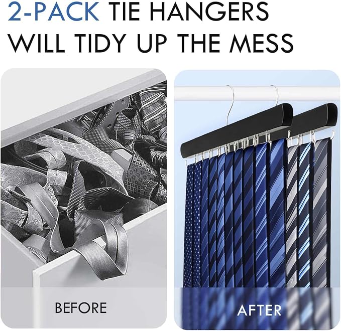 2-Pack Tie Rack Hanger for Closet, 36 Hooks Belt Hanger, Black | Wooden Tie Organizer for Men, Space-Saving Tie Holder, Upgraded Simple Folding Hooks, Sleek Tie and Belt Hanger