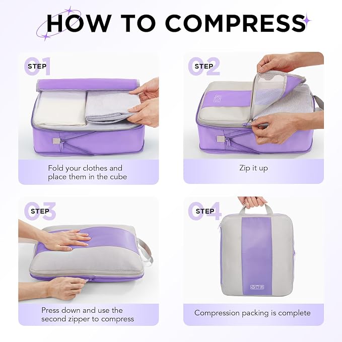 OlarHike 10 Set Compression Packing Cubes for Travel Essentials,Compressible Expandable Space Saver Bags for Organizing Clothes,Luggage Garment Bags with Over 1000 pcs Mesh Holes(Light Purple)