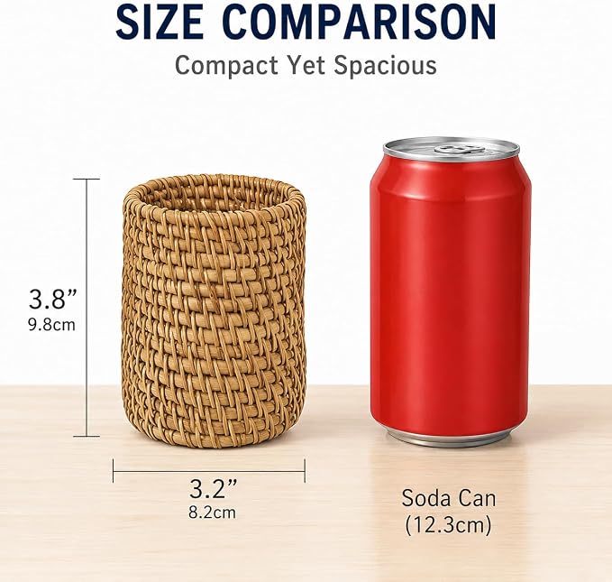 Wicker Rattan Pencil Holder, Cylindrical Desk Organizer Cup, Natural Brown, for Office, Vanity, Kitchen, 1-Pack