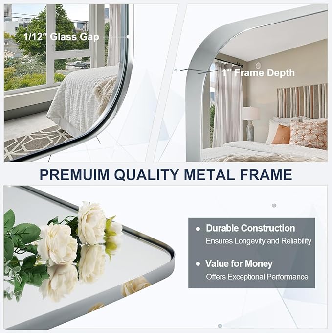 ANDY STAR Chrome Oblong Mirror, 36x40 Inch Polished Chrome Oval Mirror for Bathroom with Stainless Steel Metal Frame, Wall Mouned for Bathroom, Living Room, Entryway