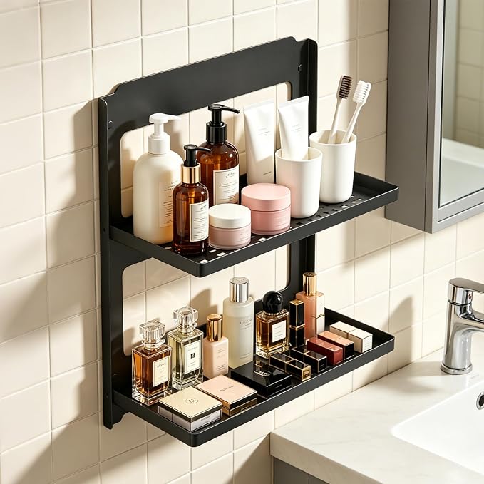 2-Tier Folding Wall Shelf, Small Metal Floating Shelves, Stackable Combined Foldable Storage Rack, Rustproof Hanging Shelf for Bathroom, Laundry Room, Kitchen, RV and Home Wall Decor