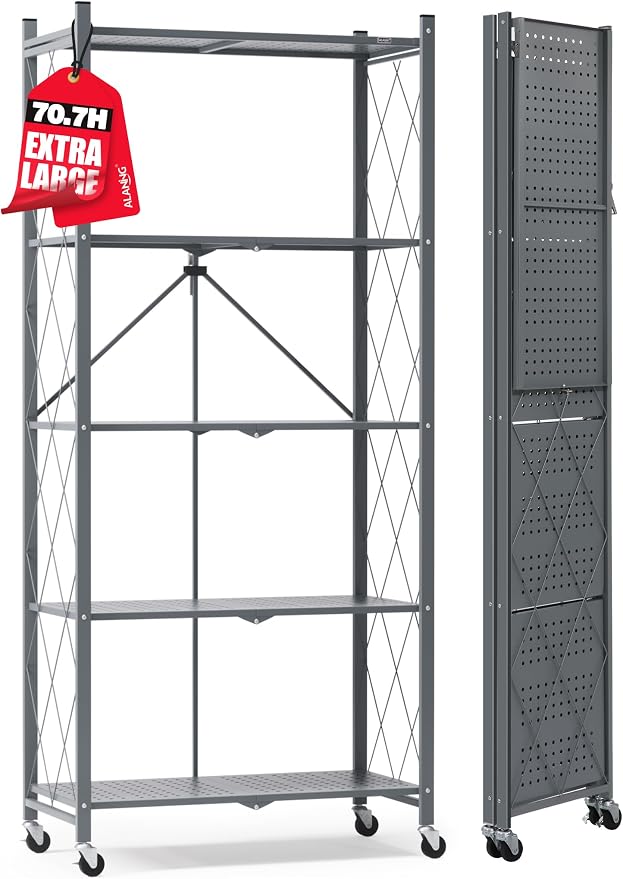 ALANNG 70.7" H Metal Storage Shelves, 5 Tier Folding Storage Shelves on Wheels | Heavy Duty, No Assembly, Rolling, Collapsible Rack Unit for Kitchen, Basement, Pantry (Gray,1 Pack)