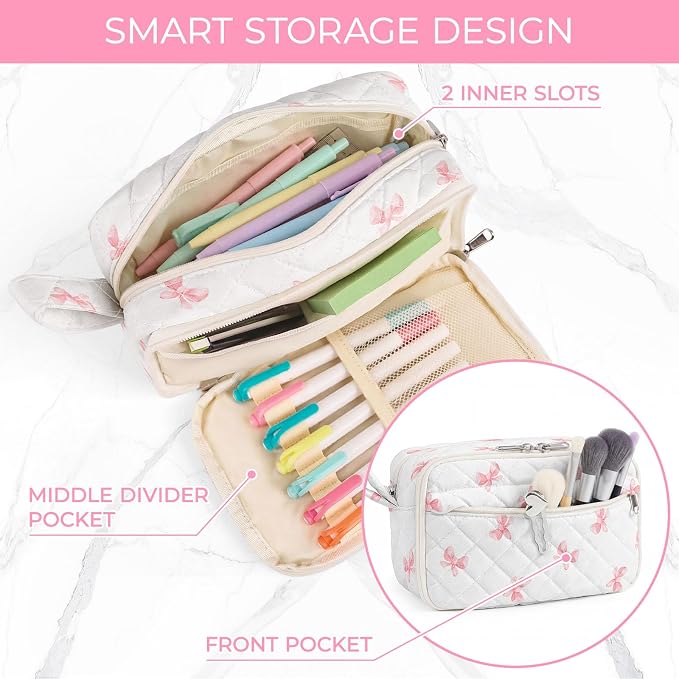 WOBAGMEN Quilted Pencil Pouch for Girls Women, Large Pencil Case Pouch with Compartments Cute Aesthetic Pencil Case Organizer, Floral Pencil Bag for School Supplies (Pink cute Bow)