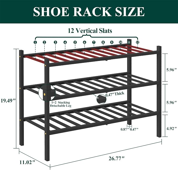 Smiry Bamboo Shoe Rack, 3 Tier Free Standing Wooden Shoe Organizer, Stackable Wood Shoe Storage Shelf for Closet, Entryway, 12 Vertical Slats, 2+1 Stack Standard Legs, 26.8"x11"x19.5", Black