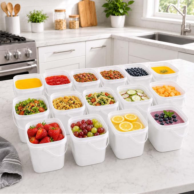 24 Pack Ice Cream Containers, Plastic Buckets with Lids 68 oz, White | 2 Qt Square Food Storage Containers, Handles, Freezer Safe, Leakproof, Reusable