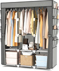 Portable Closet with Cover, 3 Hanging Rods and Side Pocket, Sturdy Free Standing Closet, Grey