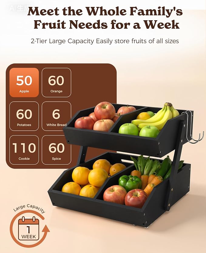 Sevenblue 2-Tier Bamboo Fruit Basket with 2 Banana Holders Black | Large tiered organizer for bread, snacks, veggies. Sturdy bamboo, includes mats & dividers. Easy to assemble.