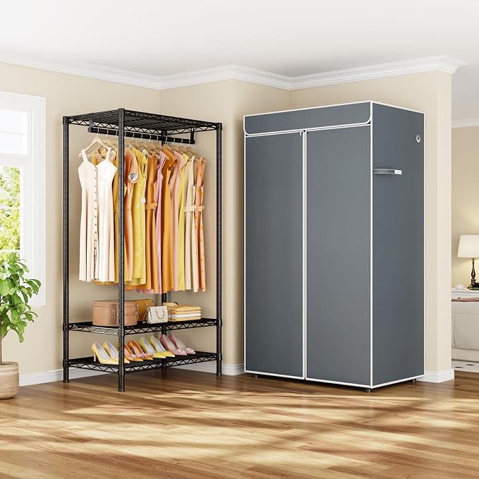 ULIFHOME H5C Clothes Rack with Cover, Portable Closet for Hanging Clothes, Covered Clothing Racks Heavy Duty, Garment Racks with Shelves, Max Load 360LBS, Black Closet Rack with Gray Cover