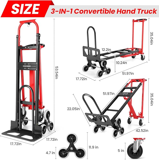 4-in-1 Hand Trucks Dolly 1000 LBS Stair Climbing Cart, Heavy Duty Industrial Convertible Utility Cart Converts from Hand Trucks Dolly to Platform Cart Folding Stair Climbing Cart (Red)