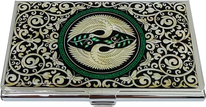 Mother of Pearl Business Card Case Credit Id Name Holder Travel Wallet Art Painting Design Metal Stainless Steel Engraved Slim Purse Pocket Cash Money Wallet -Crane-(Kiss)