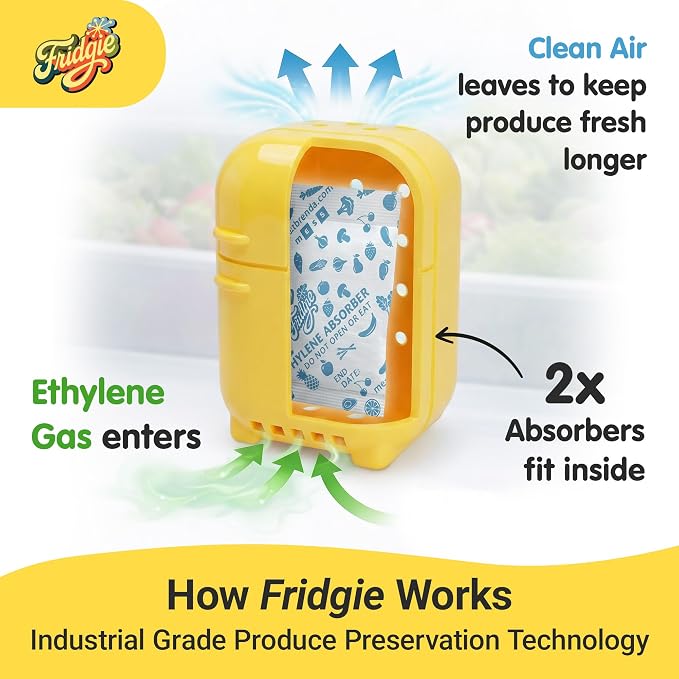 Fridgie Produce Saver, Ethylene Gas Absorber, Fresh Fruit Saver - Yellow | 4 refill packets, lasts up to 1 year, slows ripening, reduces food waste, crisper drawer, saves lettuce, greens, herbs